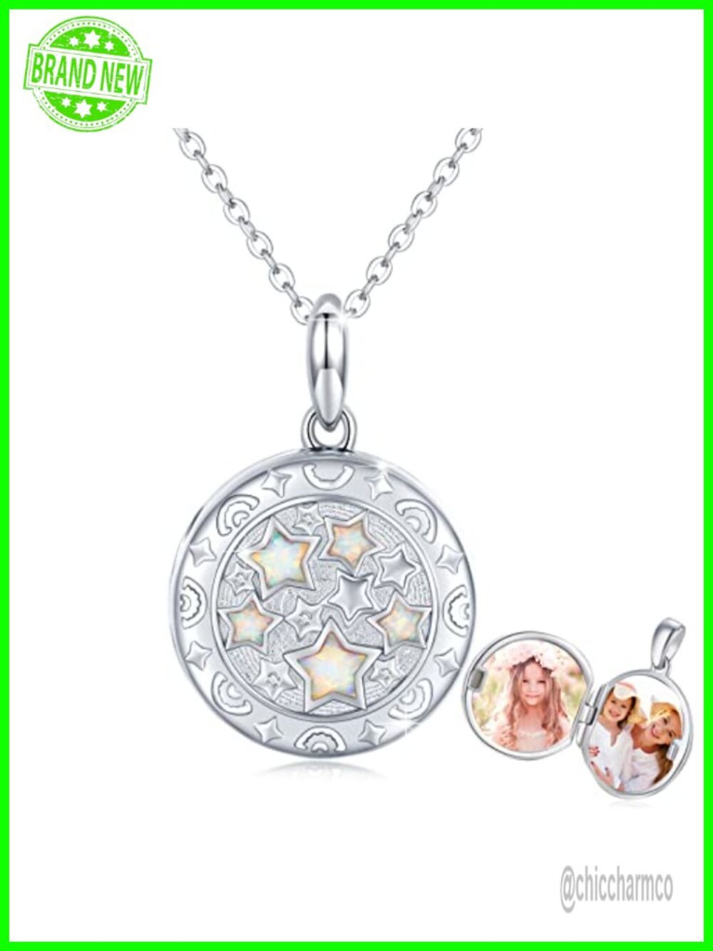 925 Sterling Silver Opal Star Locket Necklace Photo Pendant for Women